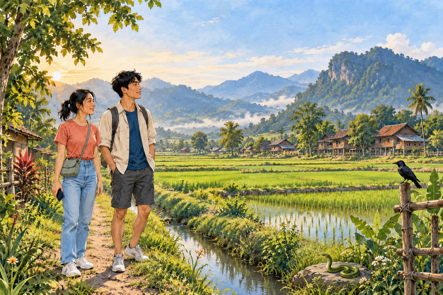 Dao and Din beside a rice field in Phrae, with a crow on the fence and a snake at the field edge.